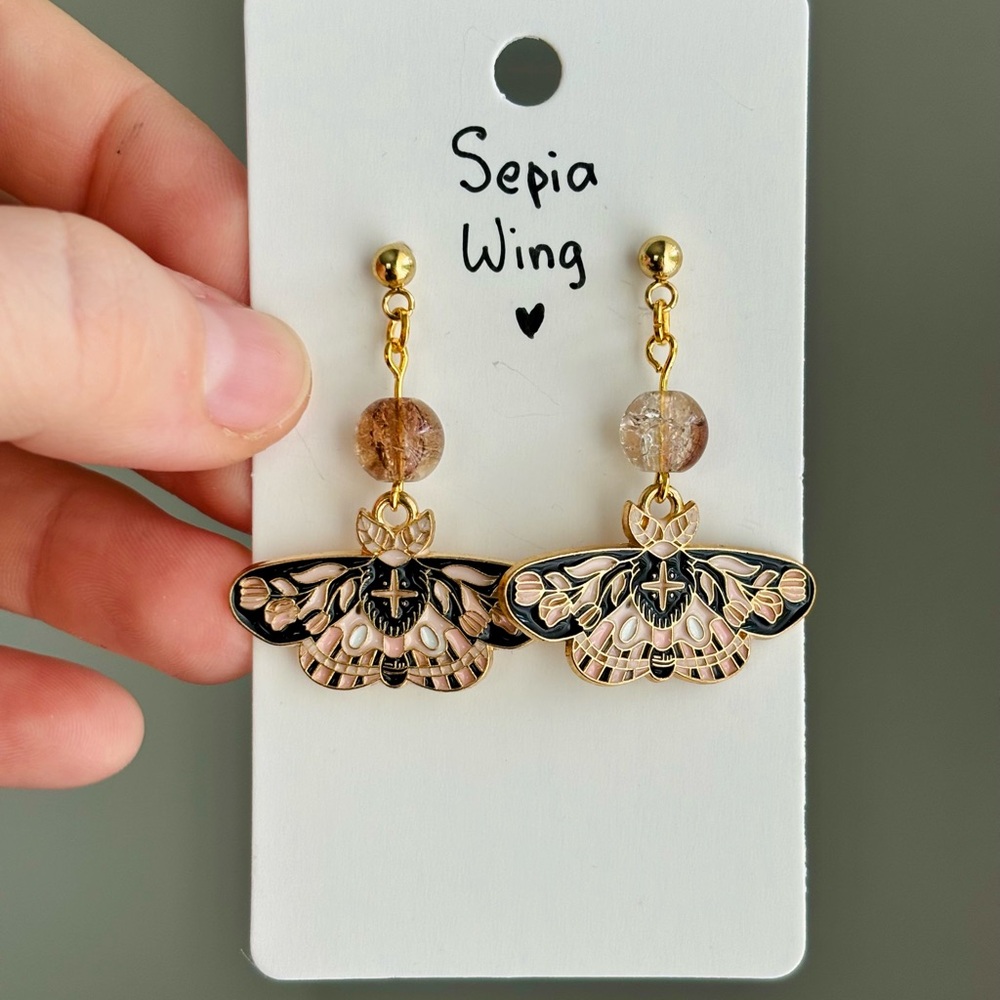 🦋 Handmade Earrings – Sepia Wing Gold & Black Moth